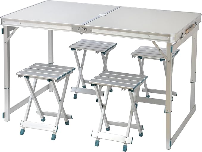 Trademark Innovations 47.2" 4 Person Aluminum Lightweight Folding Camp Table with 4 Folding Stools