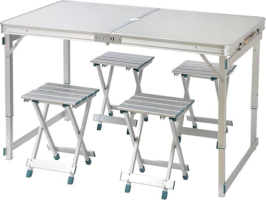 Trademark Innovations 47.2" 4 Person Aluminum Lightweight Folding Camp Table with 4 Folding Stools