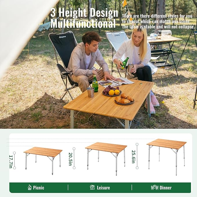 KingCamp Adjustable Height Folding Table, 4-Fold Bamboo Camping Outdoor Portable RV Camp Table with Carry Bag for Outdoor Car Backyard Picnic Tailgating Beach