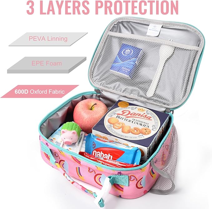 Genteen Lunch Box Kids, Prints Insulated Lunch Bag Kids Boys Girls,Soft Bag Mini Cooler Back to School Thermal Meal Tote Kit Lunch Box for School,Work,Outdoor (Rainbow)