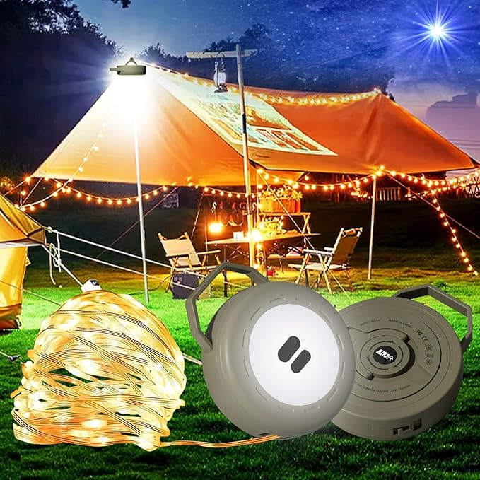 Retractable Camping String Lights Reel, Portable Stowable Rechargeable Strip Light, Waterproof Tent Lantern for Outdoor Hiking Awning Garden Party Festival Decor (Green)
