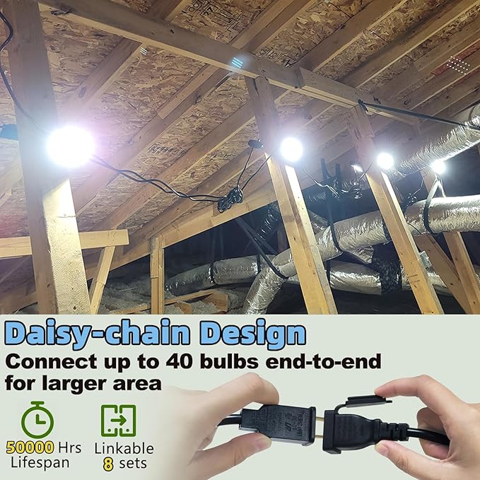 Owleye 50FT Led Work Light 85W 8000LM Waterproof Construction String Lights Linkable Temporary Work Lighting Outdoor Indoor Worklight (5 Light Heads)