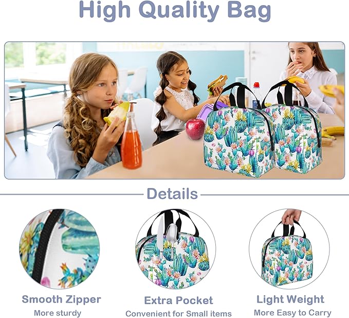 Insulated Lunch Bag,Watercolor Blooming Cactus Lunch Box for School Student Kids Boys Girls,Leakproof Small Lunch Tote for Adult Men Women,Reusable Lunch Cooler Tote Bag for Office Work Picnic
