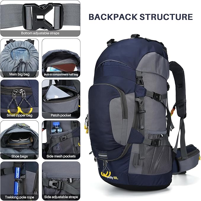 ShowyLive 60L Waterproof Hiking and Camping Backpack for Men - Durable, Lightweight Large Hiking Backpack with Rain Cover, Multi Compartments, and Adjustable Straps, Blue