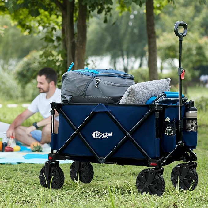 PORTAL Collapsible Folding Utility Wagon, Foldable Wagon Carts Heavy Duty, Large Capacity Beach Wagon with All Terrain Wheels, Outdoor Portable for Camping, Garden, Shopping, Groceries,