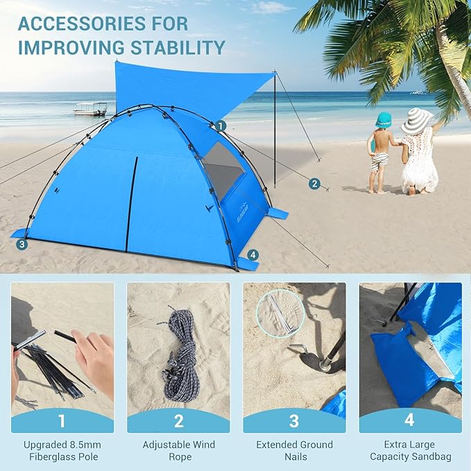 Elegear Beach Tent Sun Shelter with Canopy, 4-5 Person Pop Up Beach Tent Cabana, Easy Setup UPF 50+ UV Protection Portable Lightweight Double Silver Coating Sun Shade Shelter - Dark Blue