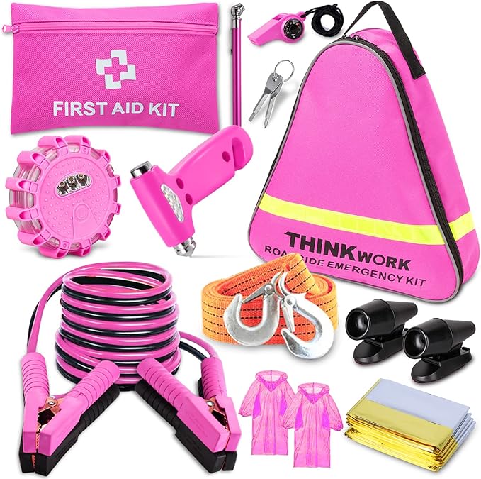 THINKWORK Car Emergency Kit for Teen Girls and Lady's Gifts, Pink Emergency Roadside Assistance Kit with 10FT Jumper, First Aid Kit, LED Flare, Deer Whistles, and More Ideal Pink Accessories Tool