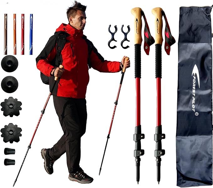 Trekking Poles - Lightweight 7075 Aluminum with Flip Lock & All Terrain Accessories - Pair of 2 Walking Sticks for Hiking with EVA or Beech Wood Grip