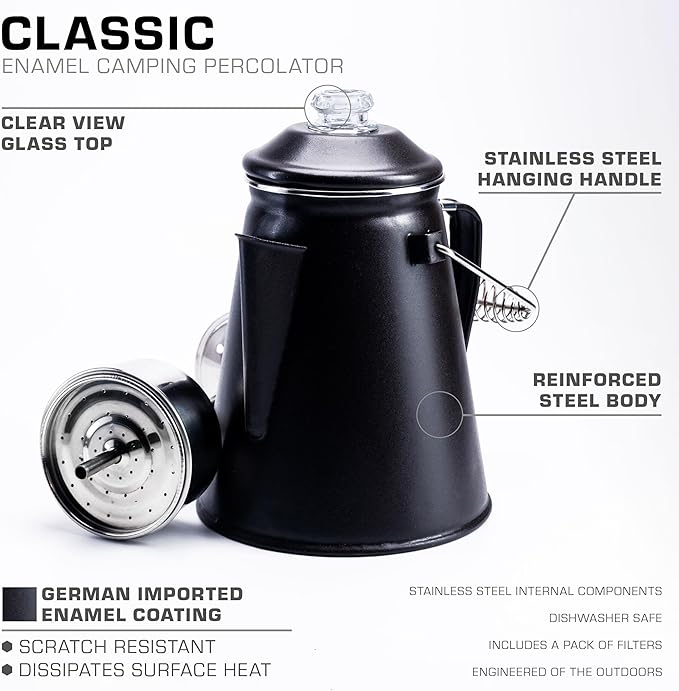 COLETTI Classic Coffee Percolator — Percolator Coffee Pot, Camp Coffee Maker – The Original Camping Coffee Pot, Now Modernized – For Campsite Brewmasters Everywhere [Matte Gray Enamel, 12 Cup]