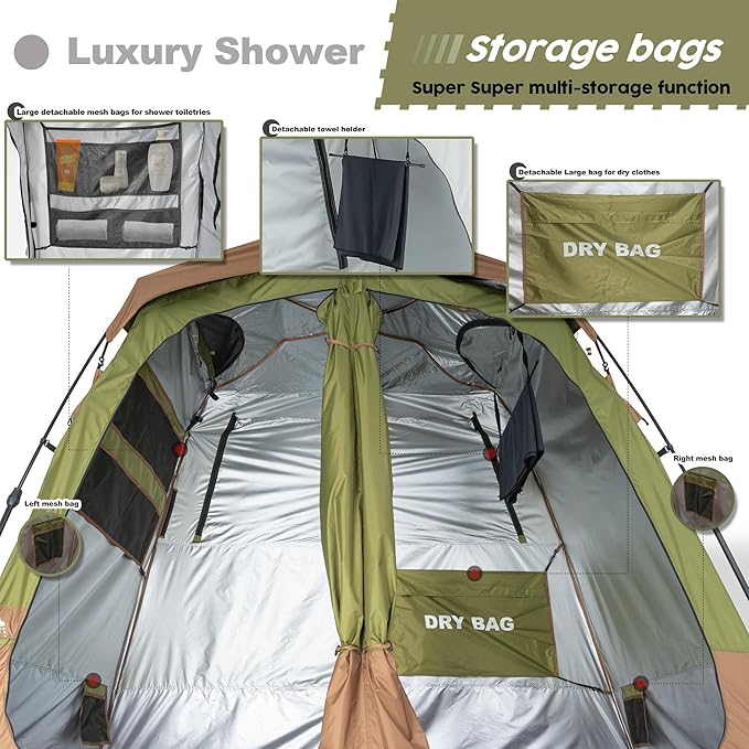 Camping Shower Tent Deluxe Changing Room Easy Set Up Privacy Shelter,Large Toilet Tent 2 Rooms with Floor Drain Design for Beach, Camping,Hiking with Stakes and Ropes for Stability