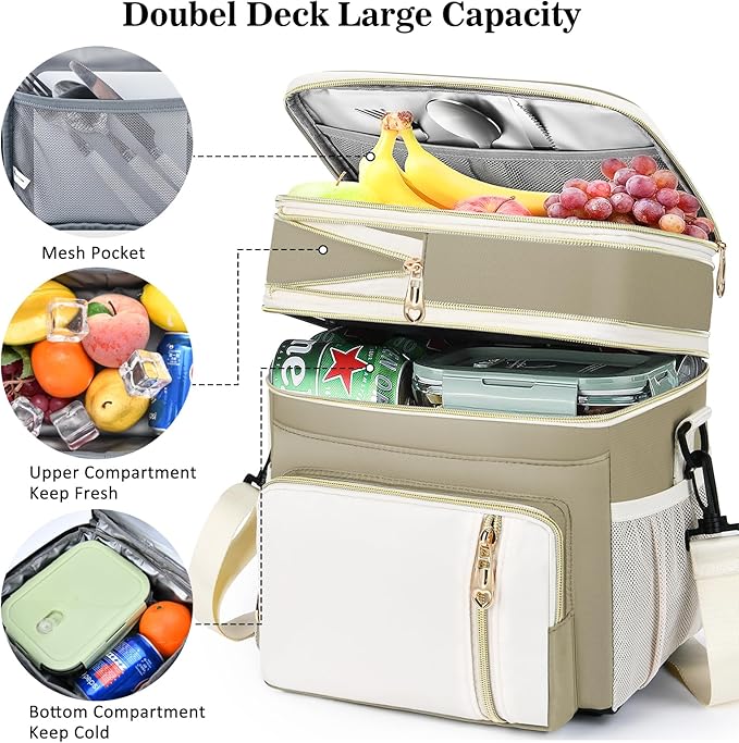 Lunch Box & Lunch Bag for Women Men, Large Insulated Adult Lunch Box Leakproof Lunchbox Cooler Bag for Work Picnic Beach,16L, Beige & White