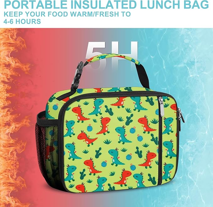 esouler Lunch Box Kids Insulated Lunch Bag for Boys & Girls Durable Children Lunchbox for School with Water Bottle Holder-Orange Dinosaur