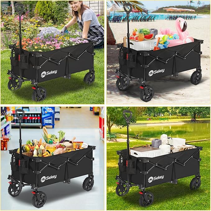 Sekey 330lbs Collapsible Foldable Wagon with Weight Capacity, Heavy Duty Folding Wagon Cart with Big All-Terrain Wheels & Drink Holders. Black