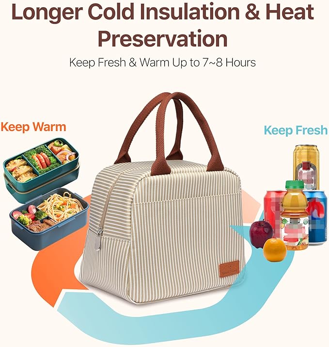 Bagseri Insulated Lunch Bag Women - Lunch Bag for Women Men Reusable Lunch Box Leakproof Thermal Cooler Sack Food Handbags Case High Capacity for Work and Picnic (Khaki White Stripe)