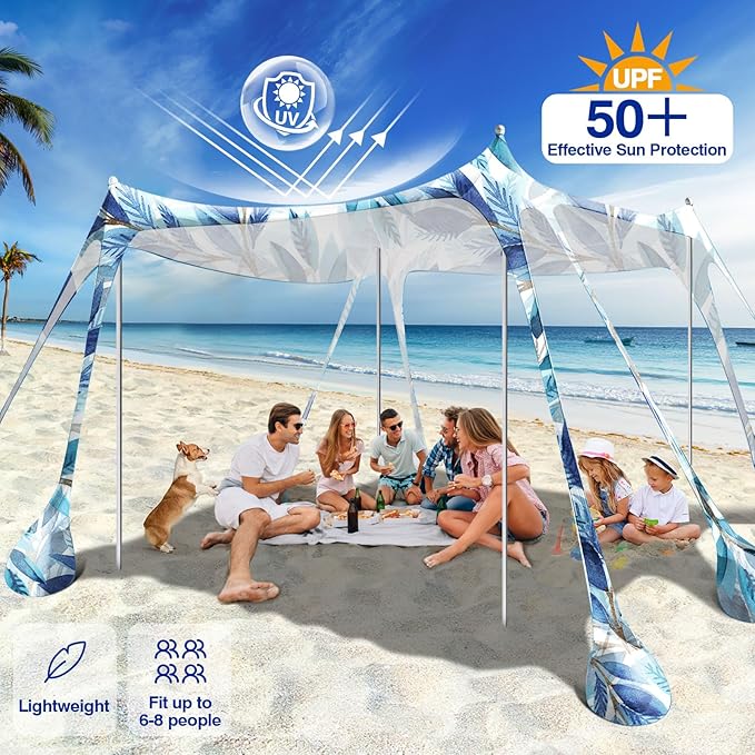 Rhino Valley Beach Tent Sun Shelter, 10x10FT Beach Canopy Tent Sun Shade UPF50+ Protection with 8 Sandbags 4 Stability Poles, Outdoor Beach Shade Canopy 6-8 People for Beach Camping Fishing