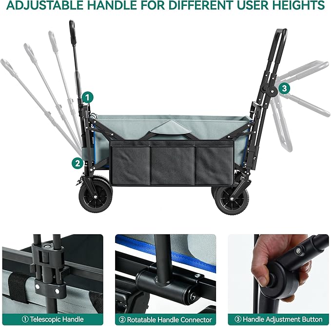 YITAHOME Large Collapsible Garden Cart w/Removable Canopy, Heavy Duty Outdoor Foldable Garden Cart w/Rear Storage and Flexible Swivel Wheels for Shopping, Picnic, Camping, Sports,Grey