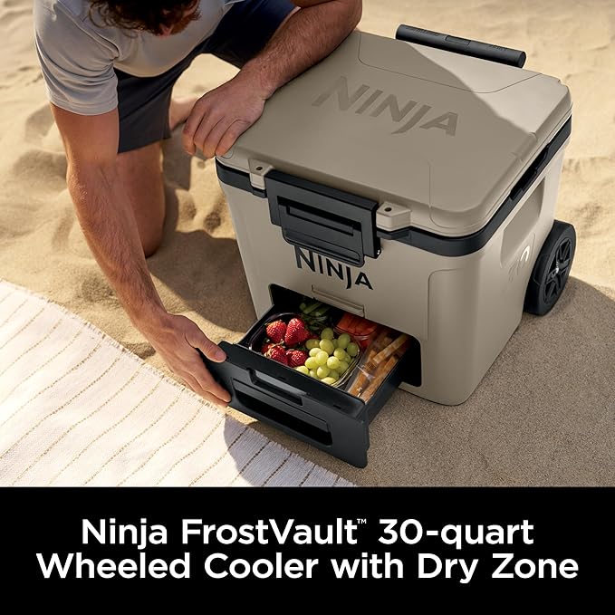Ninja | Cooler | FrostVault 30QT Cooler with Wheels | Insulated with Temp Dry Storage Drawer | Keeps Ice Cold for Days | for The Beach, Camping, Picnics & More | Birch Beige | FB230CS