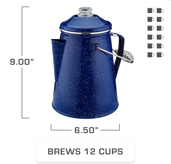 COLETTI Classic Camping Coffee Pot & Mug Set - Percolator Coffee Pot, Enamel Mug Complete Nostalgic Bundle German Imported Enamel Powder [12 oz, Set of 4] (Blue)