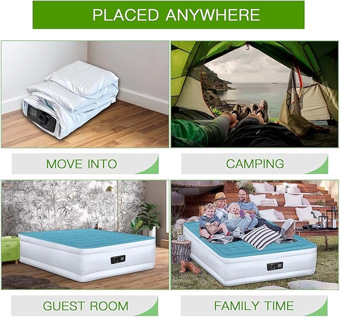 YENING Full Size Air Mattress with Built in Pump Raised Double Blow up Bed Inflatable Camping Airbed Electric 18 Inch Tall Blue