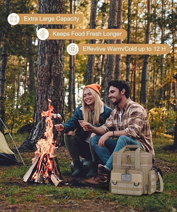 Tactical Lunch Box for Men, Expandable Large Insulated Lunch Bag for Adult, Heavy Duty Double Deck Lunch Cooler Bag with Shoulder Strap Leakproof Waterproof Lunch Tote for Travel Work Office - Sandy