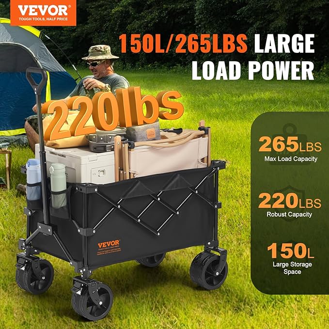 VEVOR 350LBS Collapsible Folding Outdoor Utility Wagon, 150L Heavy Duty Foldable Wagon Cart for Grocery Camping, Portable Utility Beach Wagon with Big Wheels for Garden Sports 35 x 21.3 x 42.5 in