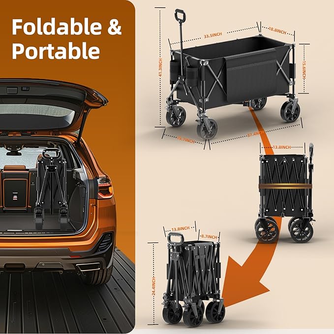 440lbs Collapsible Wagon Cart with Wheels, Large Capacity Wagons Carts Foldable, Heavy Duty Folding Utility Wagon with Side Pockets, Grocery Wagon for Beach, Camping, Sports, Transport, Black