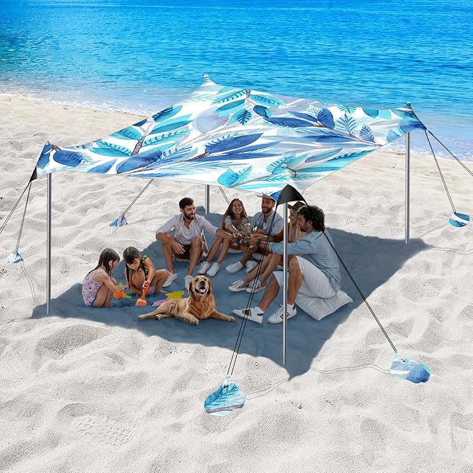 Beach Tent Sun Shelter, 10 x 10 FT Beach Canopy Tent Sun Shade, UPF50+ Beach Tent Canopy with 8 Sandbags & 4 Stability Poles, Outdoor Beach Tent for Beach Camping Fishing, Leaf