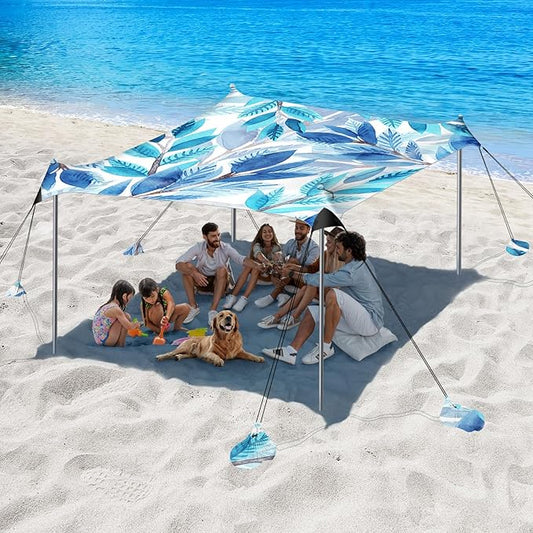 Beach Tent Sun Shelter, 10 x 10 FT Beach Canopy Tent Sun Shade, UPF50+ Beach Tent Canopy with 8 Sandbags & 4 Stability Poles, Outdoor Beach Tent for Beach Camping Fishing, Leaf