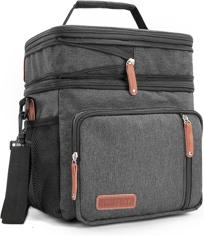 Men's Double/Women's Compartment Lunch bag, Insulated Lunch Cooler Tote 2 Roomy Large Reusable Water-resistant Lunch box (black)