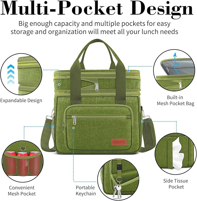 Expandable Insulated Large Cooler Lunch Box for Men 23L Heavy Duty Double Deck Leakproof Lunch Bag with 4 Ice packs&5 Snack Bags for Adult/Construction/Women/Work/Picnic/Camping -Green