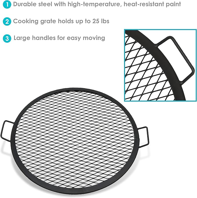 Sunnydaze X-Marks Fire Pit Cooking Grate - Outdoor Round Black Steel BBQ Campfire Grill with Handles - 24-Inch