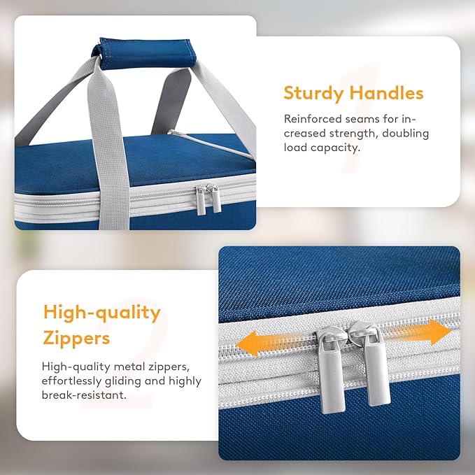 Double Decker Insulated Casserole Carrier for Hot or Cold Food, Lasagna Lugger Tote for Potluck Parties/Picnic/Cookouts, Fits 9"×13" Baking Dish, Pure Blue