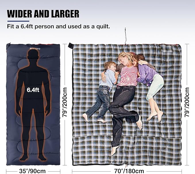 REDCAMP Cotton Flannel Sleeping Bag for Camping Backpacking, Adults Cold Weather Envelope Sleeping Bags with 2/3/4lbs Filling