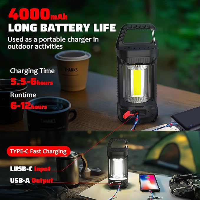 Camping lantern for power outage, 2000LM Rechargeable Led Lantern 4000mAh Battery Emergency Light, Waterproof Tent Light with 4 Lighting Modes, Portable Lantern Flashlight for Home or Hiking