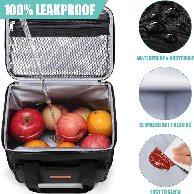 Tiblue Insulated Lunch Bag for Women/Men, Reusable Lunch Box for Office Work School Picnic Beach, Leakproof Freezable Cooler Bag with Adjustable Shoulder Strap for Kids/Adult(Large, Black)