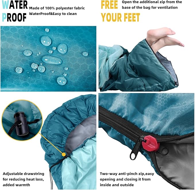 Sleeping Bag for Adults, Girls, Boys - 3 Season Warm & Cool Weather Lightweight Waterproof Camping Bag for Hiking, Outdoor Travel