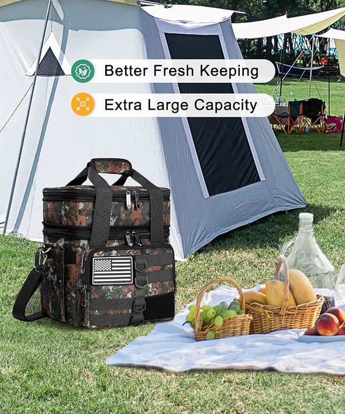 Tactical Lunch Box for Men, Large Insulated Lunch Bag Adult, Heavy Duty Double Deck Expandable Lunch Cooler Bag Leakproof Waterproof Lunch Tote for Work Office Camping Travel-Camo Green