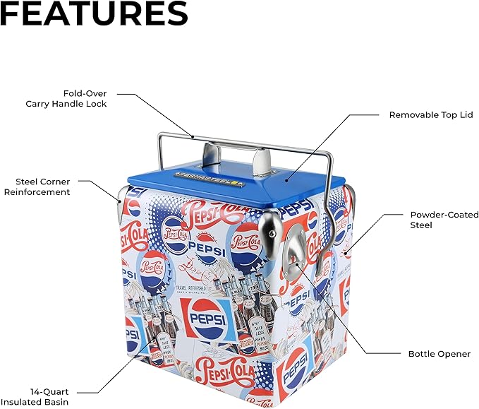 Pepsi 14-Quart Small Cooler | Retro Vintage Classic Style Hard Metal Beverage Cooler for Camping Beach Picnic, Pepsi Heritage Edition