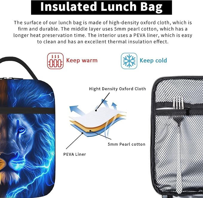 SARA NELL Cool Lion Insulated Lunch Bag Ice and Fire Lion Lunch Cooler Box for Women Men Teens Kids, Reusable Lunch Tote Bag, Thermal Insulated Lunch Bags for Work, Picnic, School or Travel