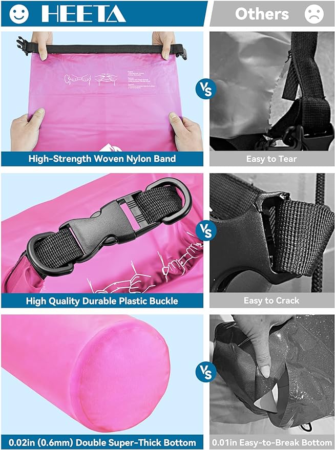 HEETA Dry Bag Waterproof for Women Men, 5L/10L/20L/30L/40L Roll Top Lightweight Dry Storage Bag Backpack with Phone Case for Travel, Swimming, Boating, Kayaking, Camping & Beach, 11 Transparent Colors