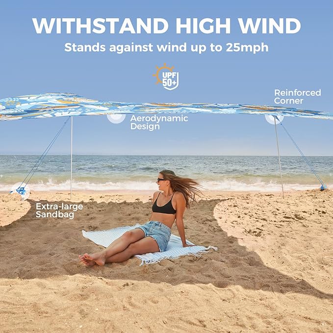 WEKAPO Beach Tent Sun Shelter - Easy Setup Beach Canopy with 4 Sturdy Poles, Large Sandbags and Shovel, 7'1'' Tall, Windproof Sun Shade for Backyard and Camping, UPF 50+ Protection