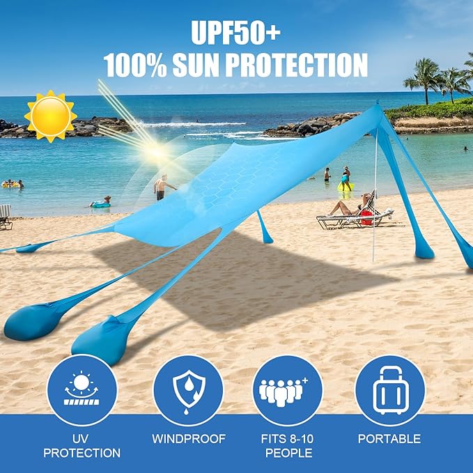 Beach Tent, Camping Sun Shelter UPF50+ with 8 Sandbags, Sand Shovels, Ground Pegs & Stability Poles, Outdoor Shade Beach Canopy for Camping Trips, Fishing