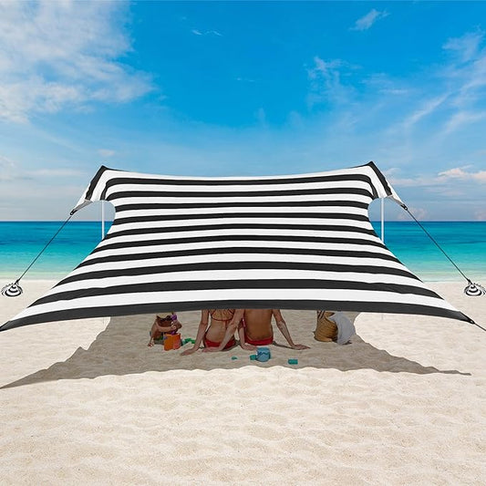 Beach Tent, Beach Canopy Sun Shade UPF 50+, Portable 10×10 FT Camping Sun Shelter with Sandbags, Poles, Ground Pegs and Anti-Wind Ropes for Outdoor, Backyard, Picnics, Fishing-Black Stripe