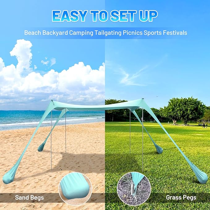 BOTINDO Family Beach Tent Canopy Sun Shade, Pop Up Grande Beach Tent Sun Shelter Stability 4 Poles with Portable Carry Bag Outdoor Shade for Fishing Backyard Camping (Mint Green, 10x10FT 4Pole)