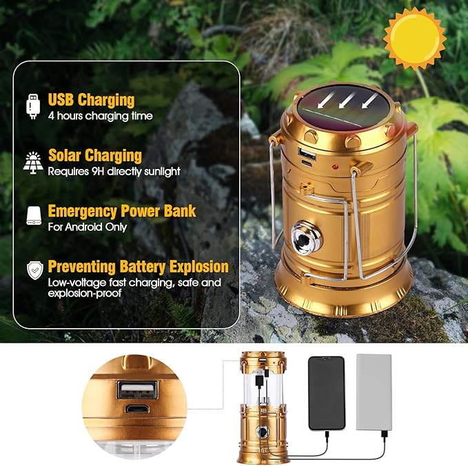 Solar Camping Lantern for Power Outages - USB Rechargeable Lamp Camping Essentials，Collapsible Waterproof Solar Lights for Indoor Outdoor Emergency Light/2 Packs/Gold