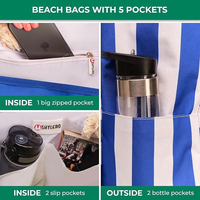 SHYLERO Beach Bag and Pool Bag. Has Airtight Pouch, Ton of Pockets. Beach Tote is Zippered, Water Resistant. Family Size