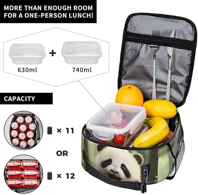 SARA NELL Panda Insulated Lunch Bag Cute Panda Lunch Box for Women Men Teens Kids, Reusable Lunch Tote Bag, Thermal Insulated Lunch Bags for Work, Picnic, School or Travel, Black and White