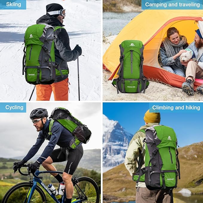 ShowyLive 70L Large Lightweight Waterproof Packable Foldable Travel Camping Hiking Outdoor Sports Backpack Daypack for Men Women, 900D Hiking Bag with Rain Cover, Grass Green