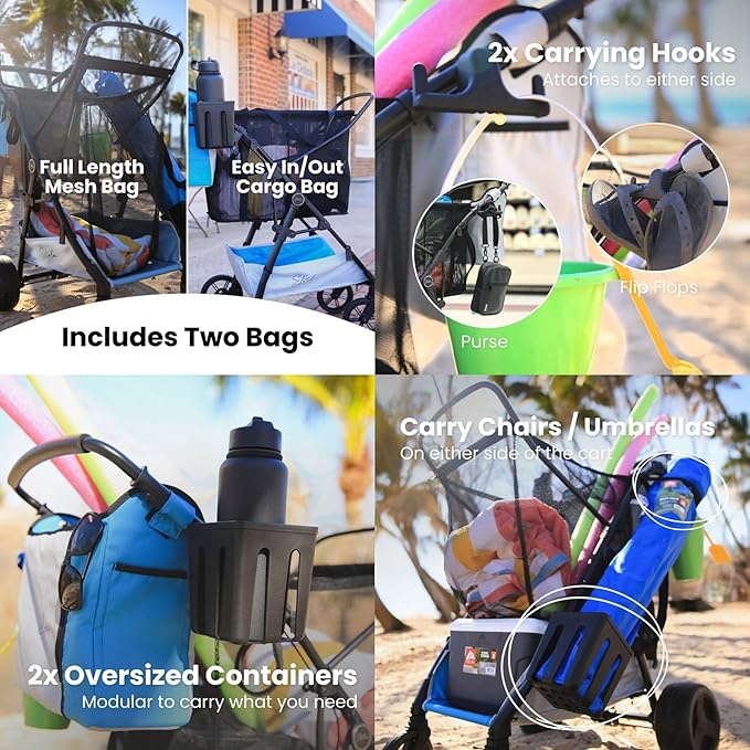 Large Wheeled Collapsible Beach Cart for Soft Sand, Shopping, Camping & Garden- Lightweight Aluminum Frame- Removable Storage Bag with Carrying Straps, X-L Capacity & Cooler Rack (Blue)