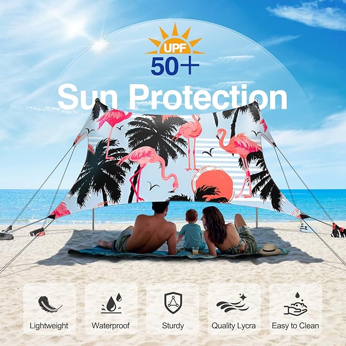 Rhino Valley Beach Tent Sun Shelter, 10x10FT Beach Canopy Tent Sun Shade UPF50+ Protection with 8 Sandbags 4 Stability Poles, Outdoor Beach Shade Canopy 6-8 People for Beach Camping Fishing